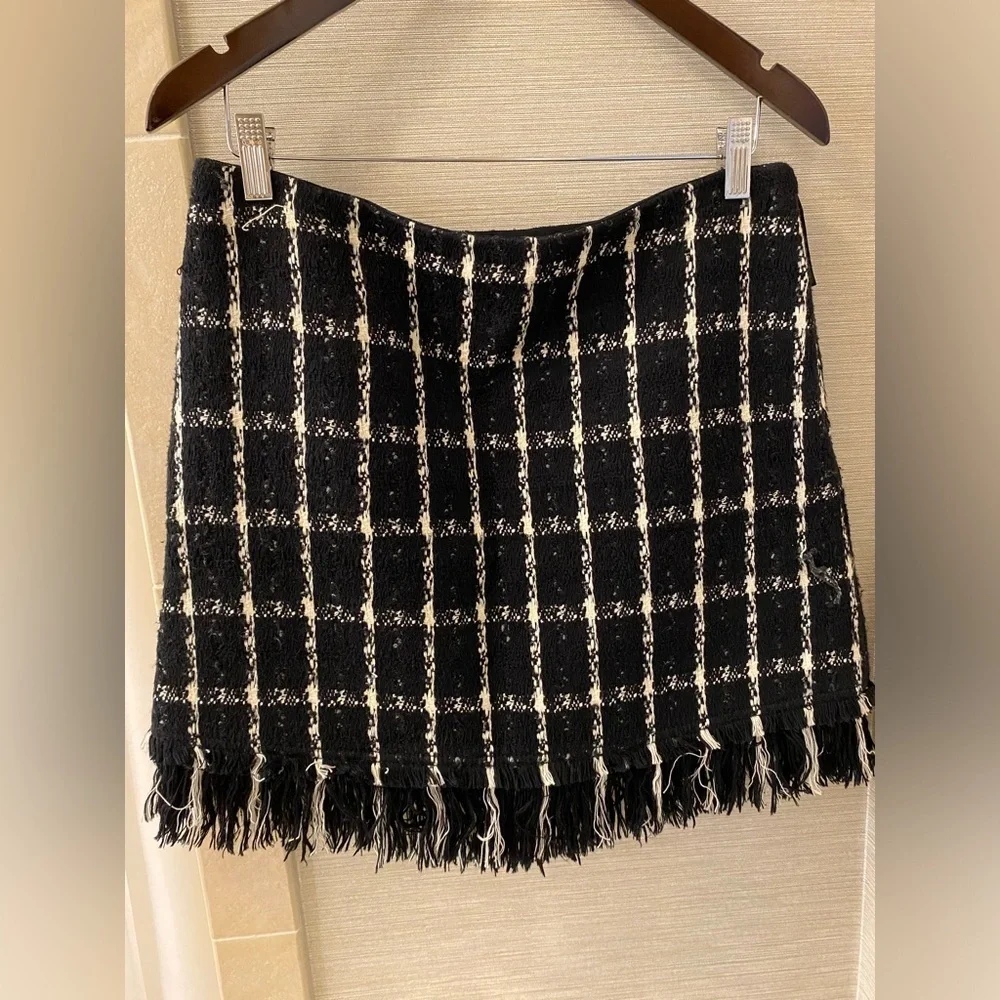 Tory Burch Marisol Mini Tweed Skirt Black Stitch Plaid Fringe 8 checkered